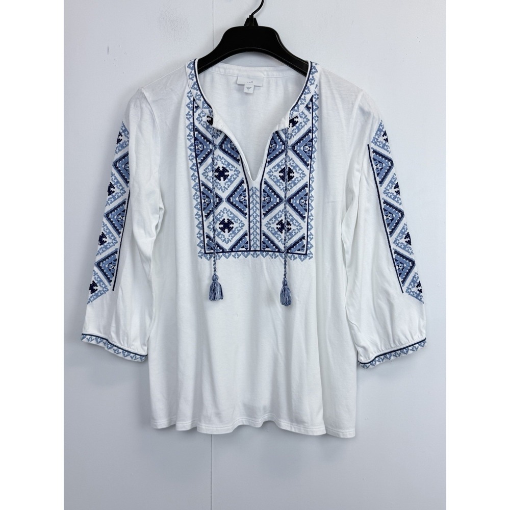J‎ Jill Top Womens XS White Blue Cross-stitch Embroidered Tassels Boho Peasant